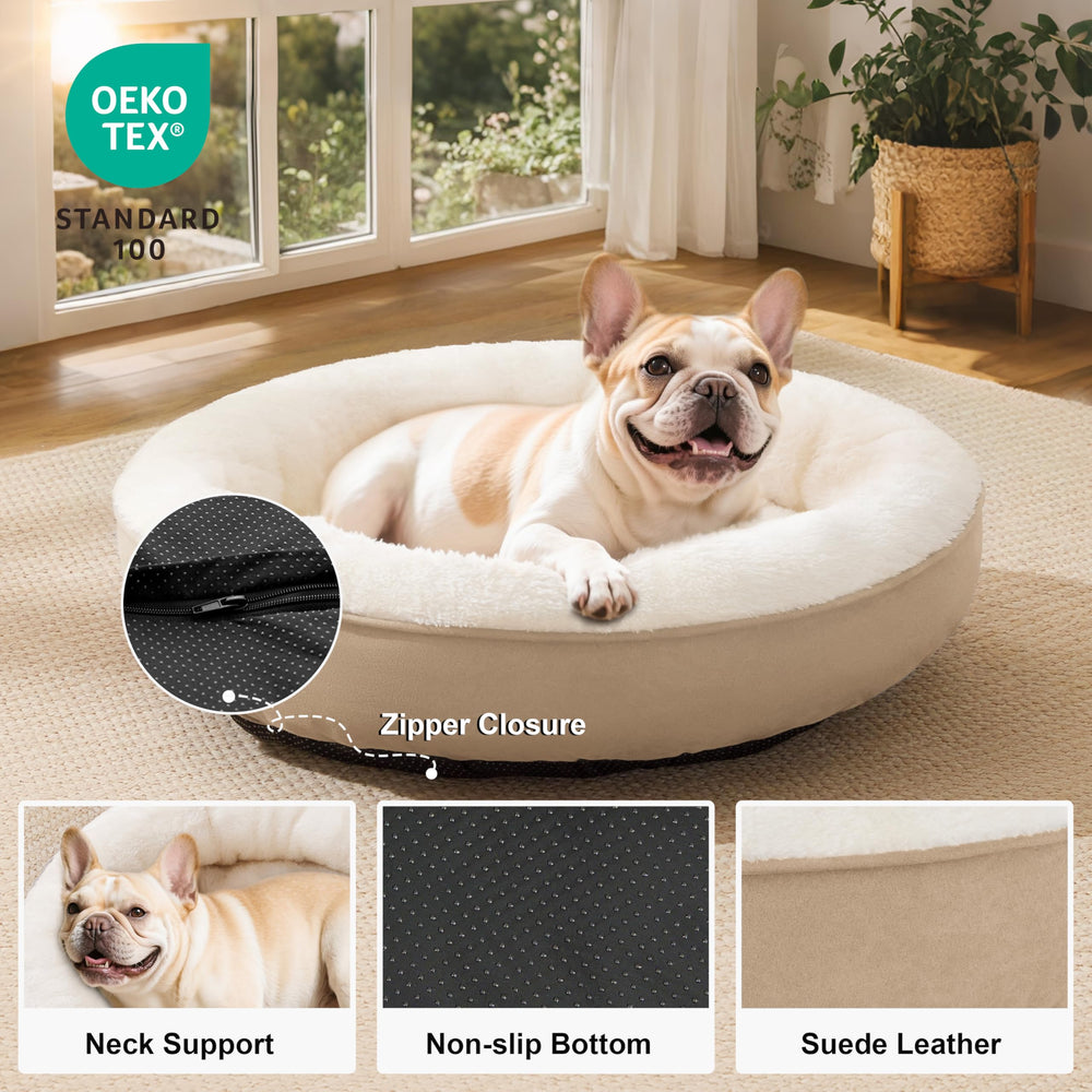 Love's cabin round donut bed camel side view highlights raised rim supporting head and neck