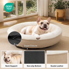 Love's cabin round donut bed camel side view highlights raised rim supporting head and neck