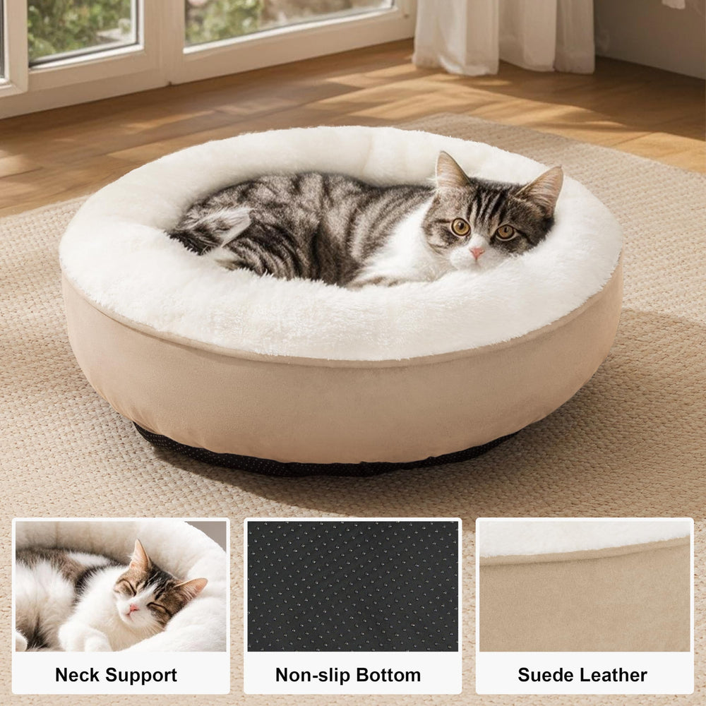 Love's cabin round donut bed camel side view highlights the raised rim