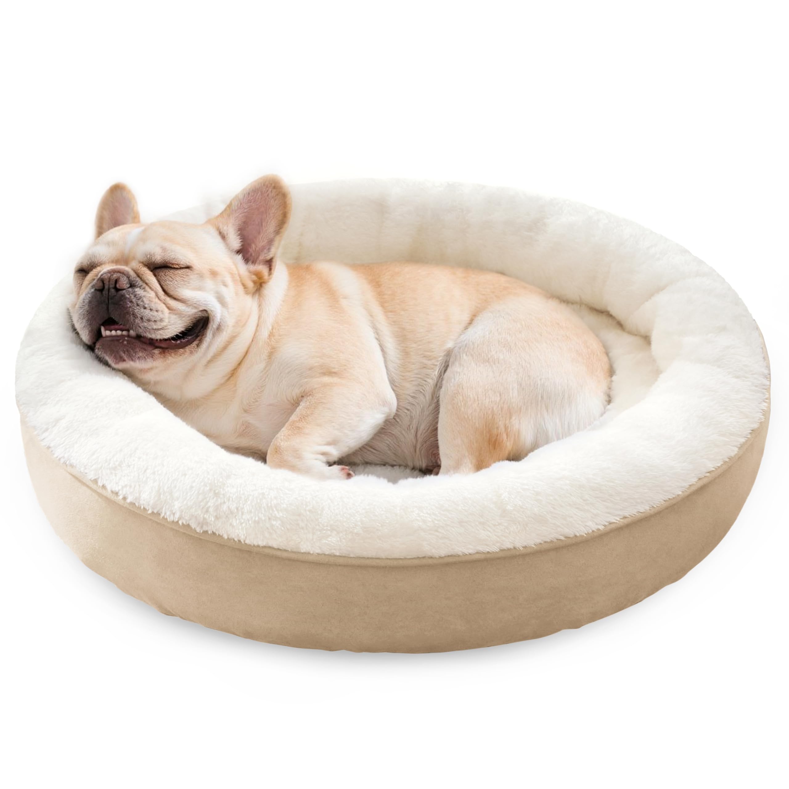 Love's cabin round donut bed camel top view showing cozy nest for dogs
