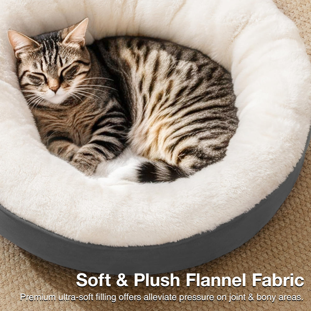 Love's cabin round donut bed dark grey color blends with home decor.