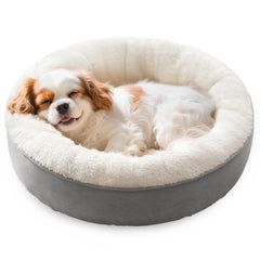 Love's cabin round donut bed front view with cozy nest walls for pets.
