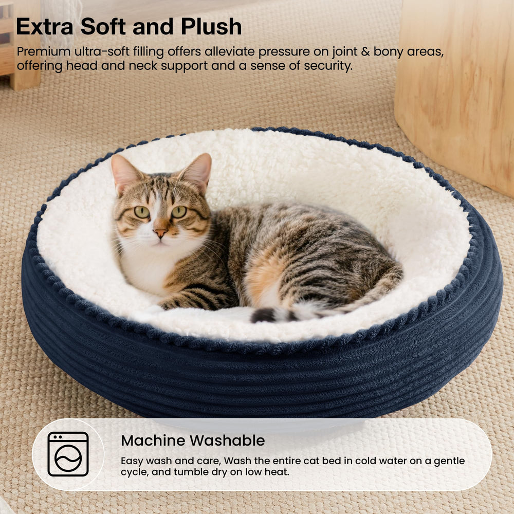 Love's cabin elderly-friendly navy stripe bed supports comfort for senior pets.