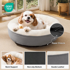 Love's cabin round donut bed side view showing raised rim for head support.