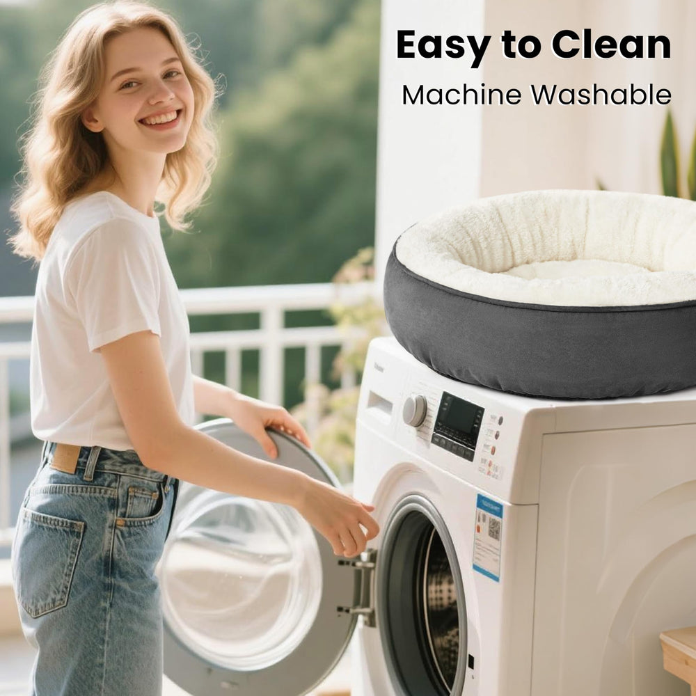 Love's cabin round donut bed non-slip bottom prevents sliding on smooth floors.