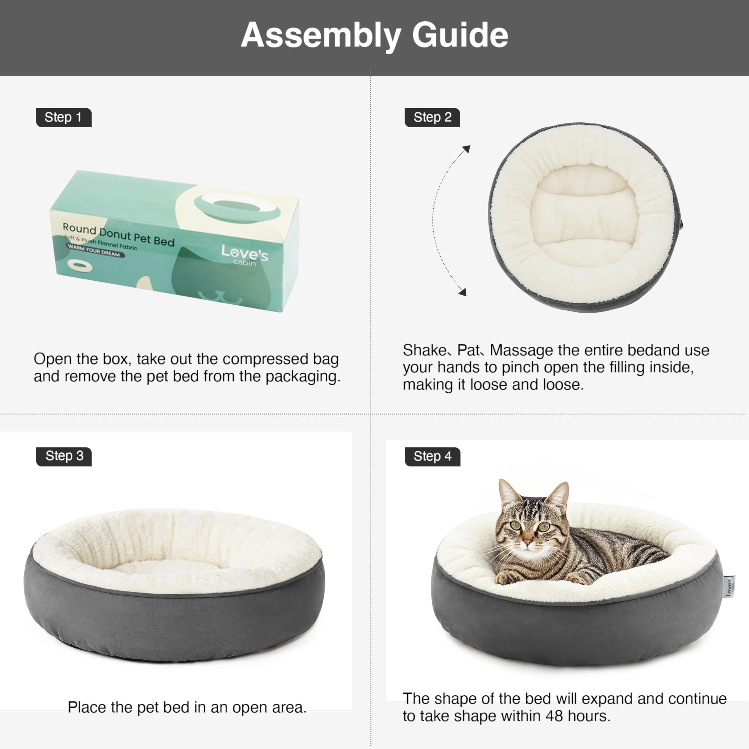 Love's cabin round donut bed pet-use scene shows cozy nap environment.