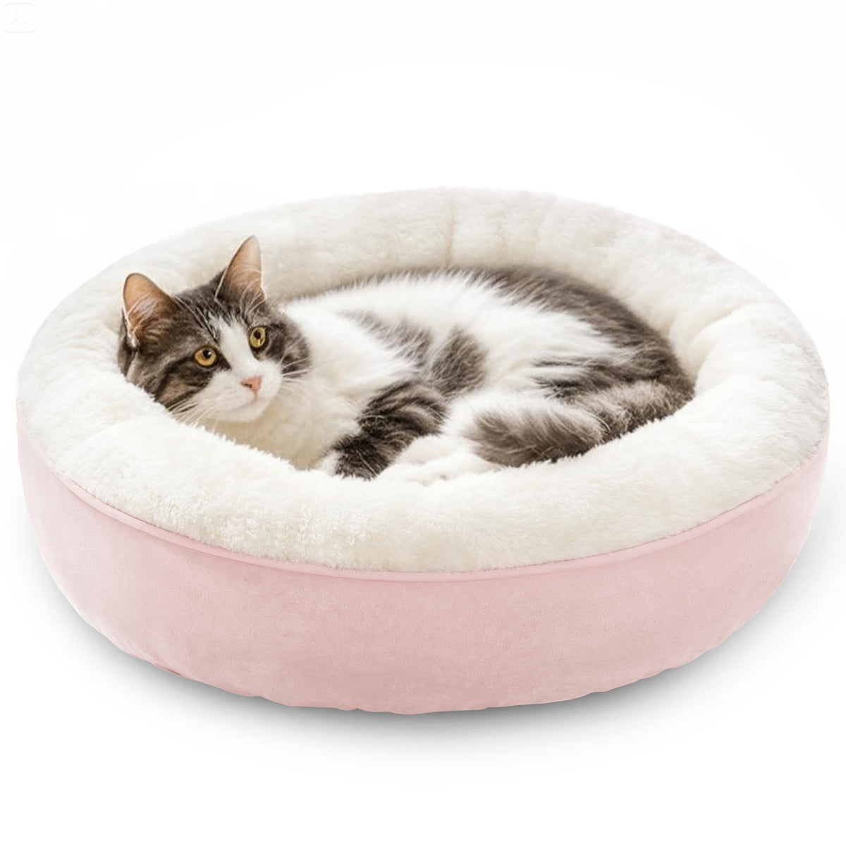 Love's cabin round donut bed pink with plush interior for cozy cat or small dog naps.