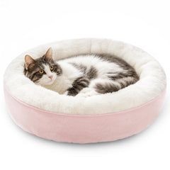 Love's cabin round donut bed pink with plush interior for cozy cat or small dog naps.