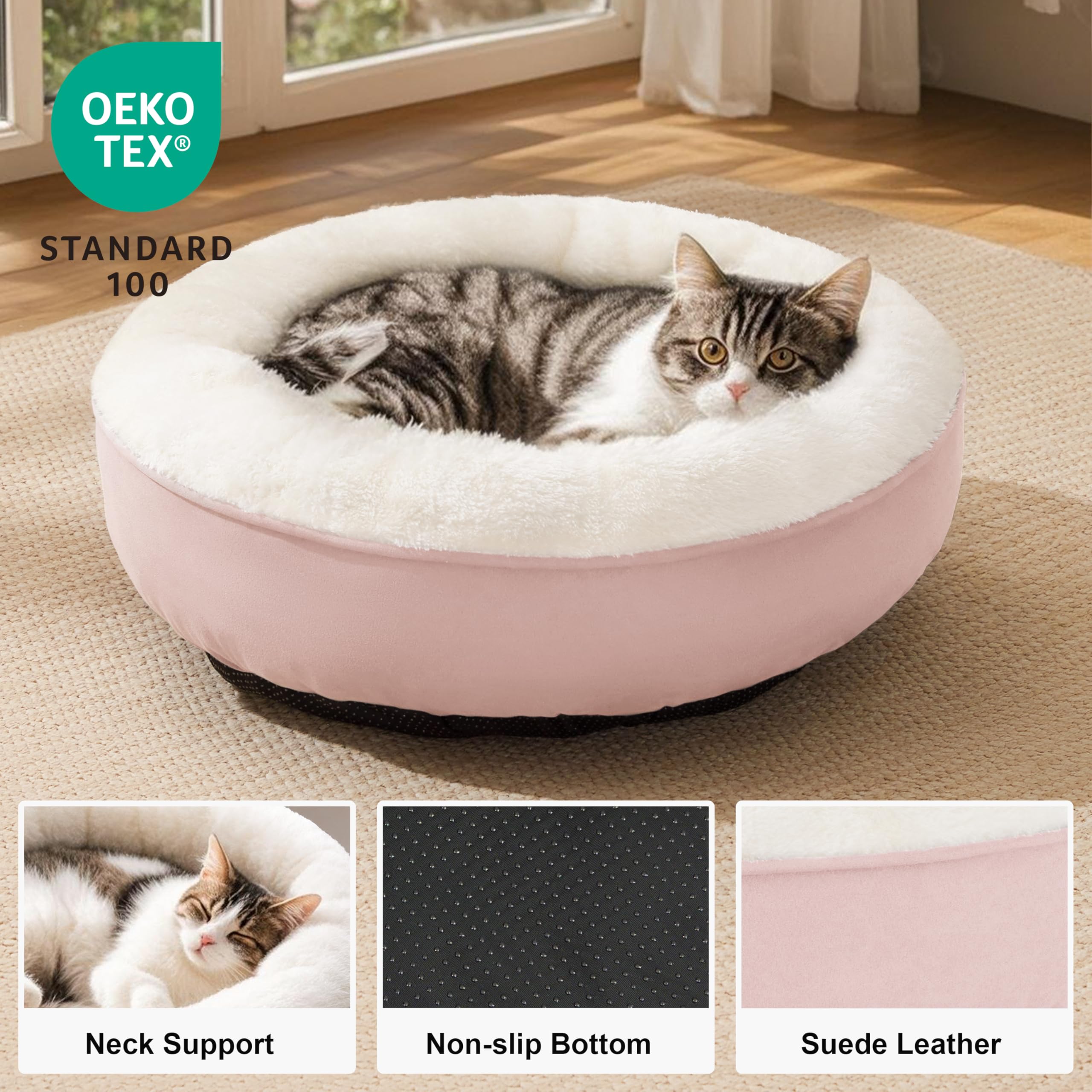 Love's cabin pink donut bed showcasing anti-slip bottom for stable resting on floors.