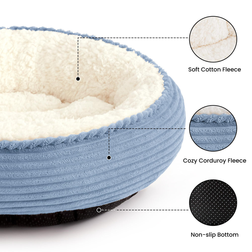Love's cabin round donut bed side view showing raised rim for head support