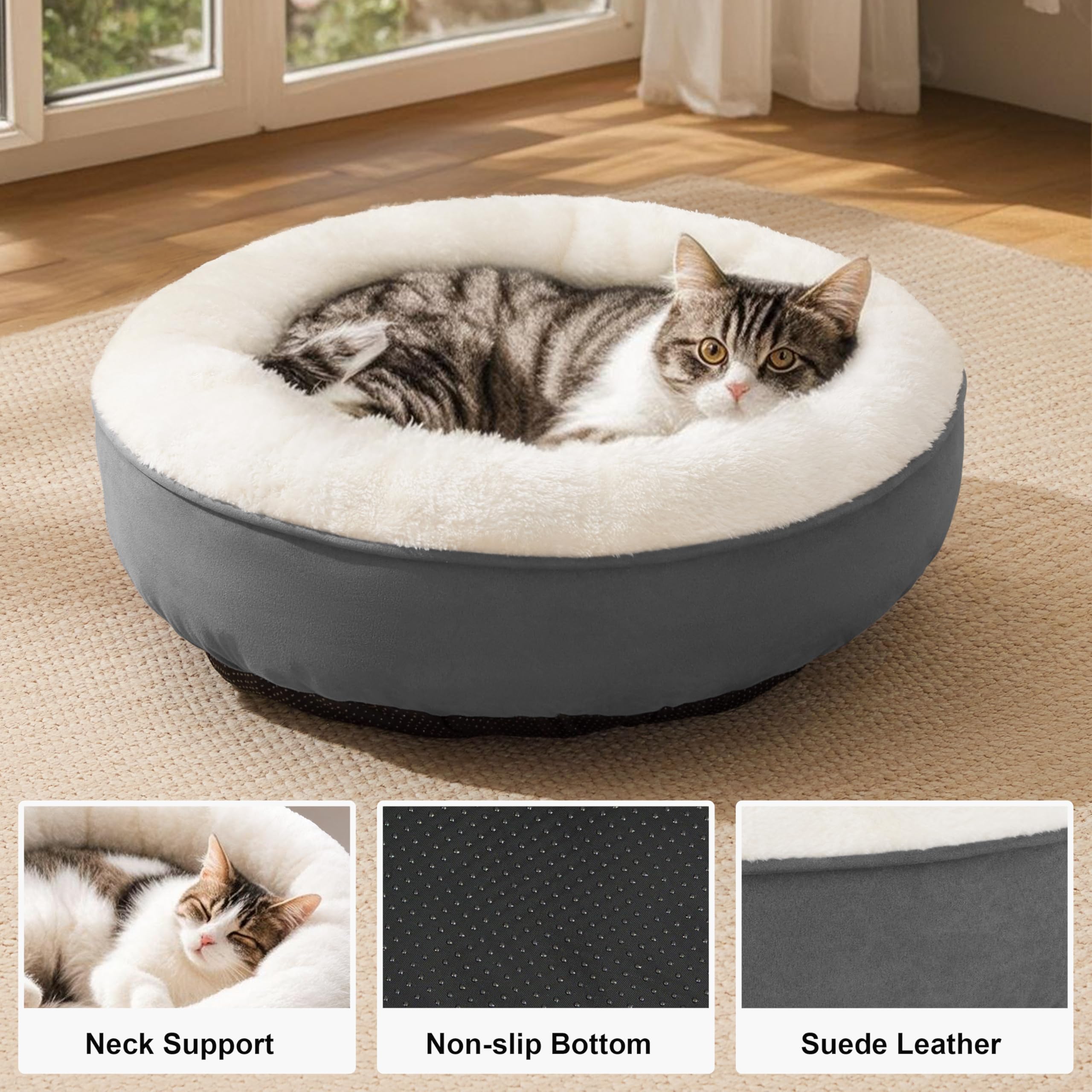 Love's cabin round donut bed side view highlights raised rim for neck support.