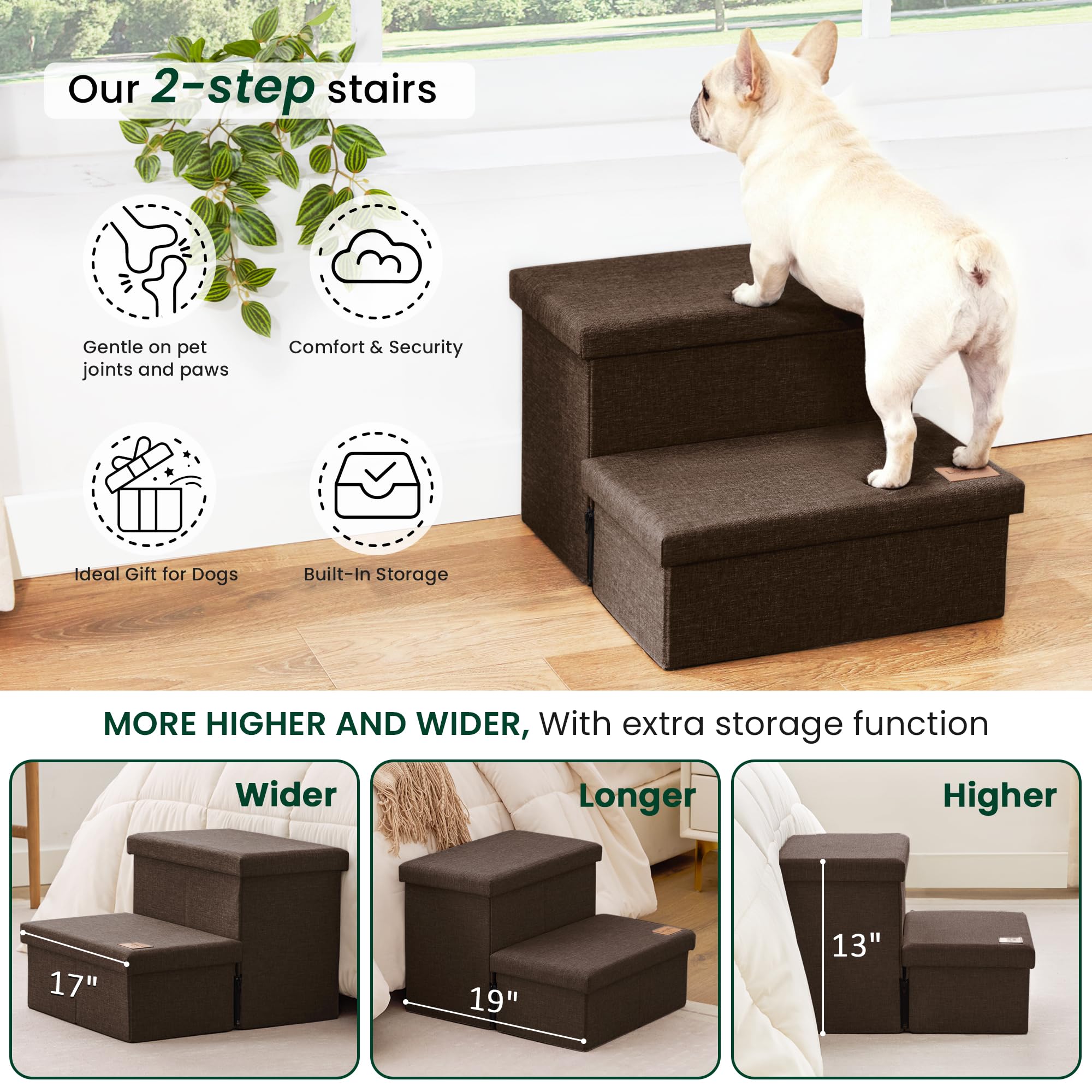 Love's cabin two-step dog stairs emphasize gentle elevation for pets.