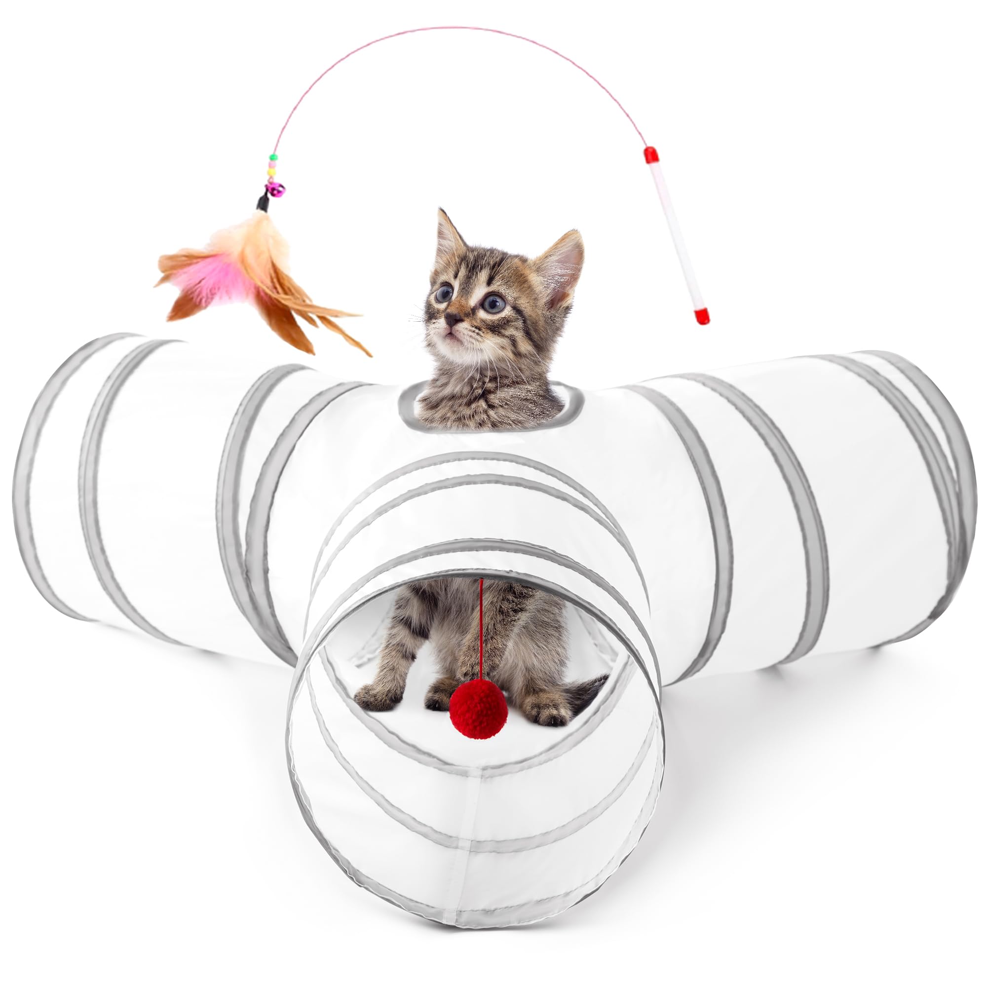 Love's cabin cat tunnel 3way collapsible white-grey promotes indoor exercise