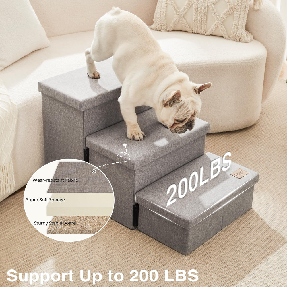 Love's cabin dog stairs three-in-one-storage saves space for toys and blankets.