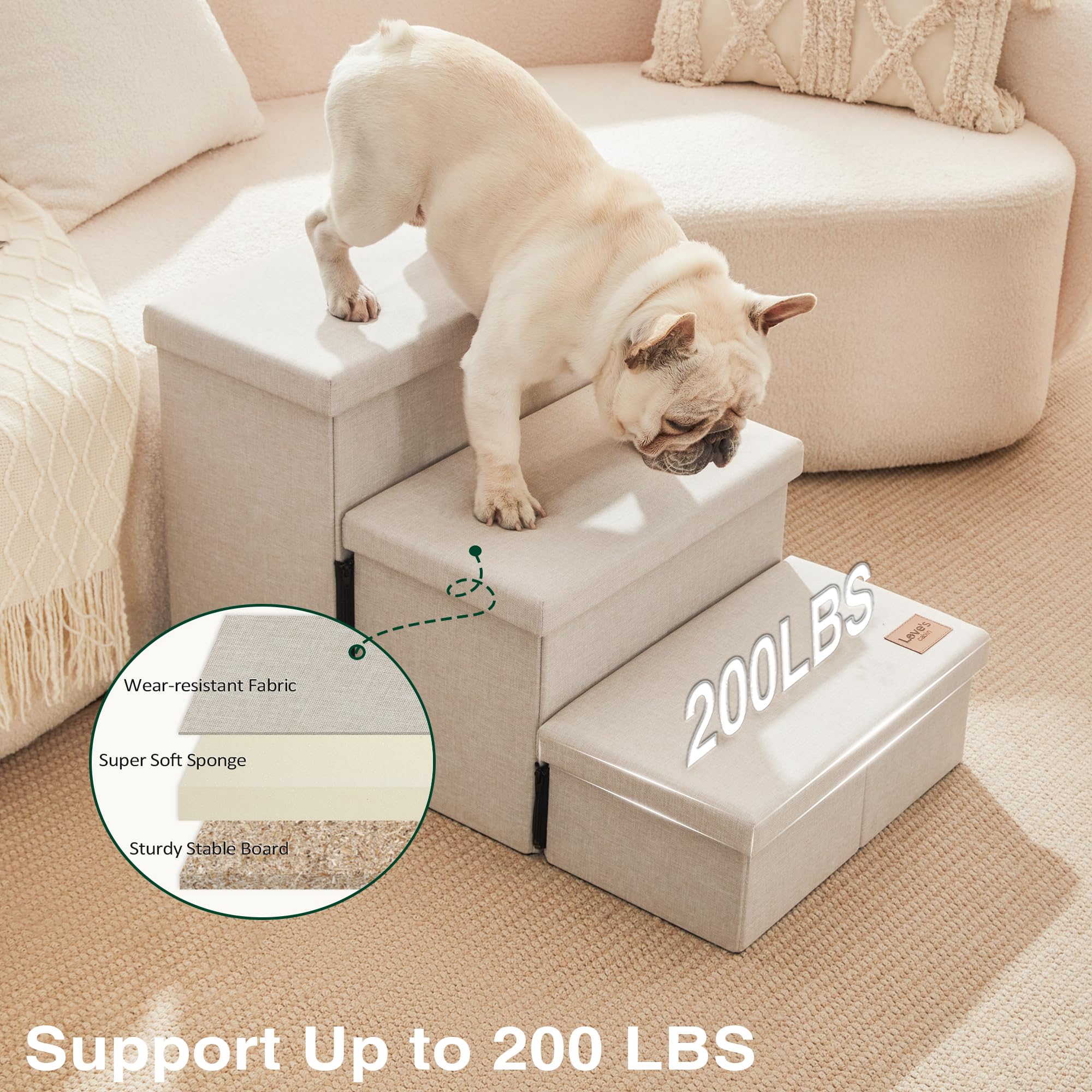 Love's cabin dog stairs sit beside bed or couch for easy access