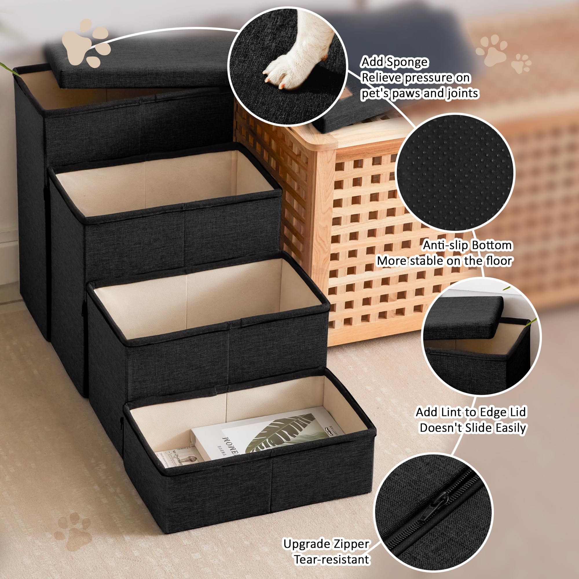 Love's cabin dog stairs fit beds and couches up to 24 inches high.
