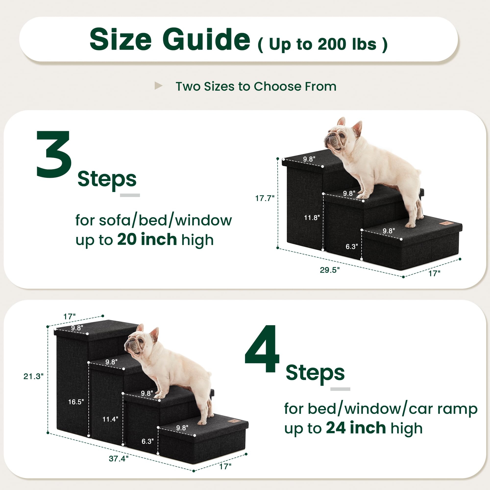 Love's cabin dog stairs storage compartments help organize leashes, blankets, and toys.