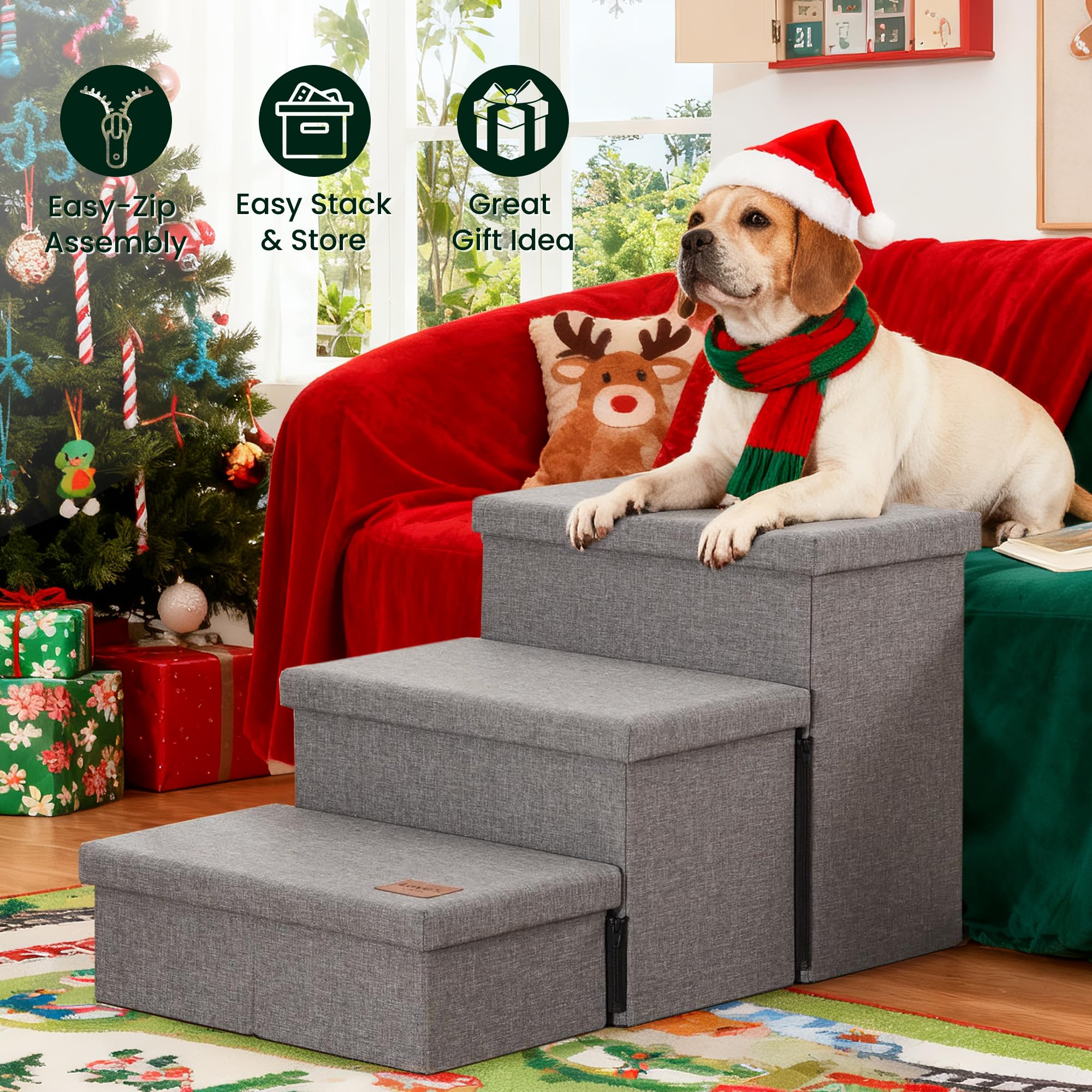 Love's cabin dog stairs storage-compartments hold pet accessories neatly.
