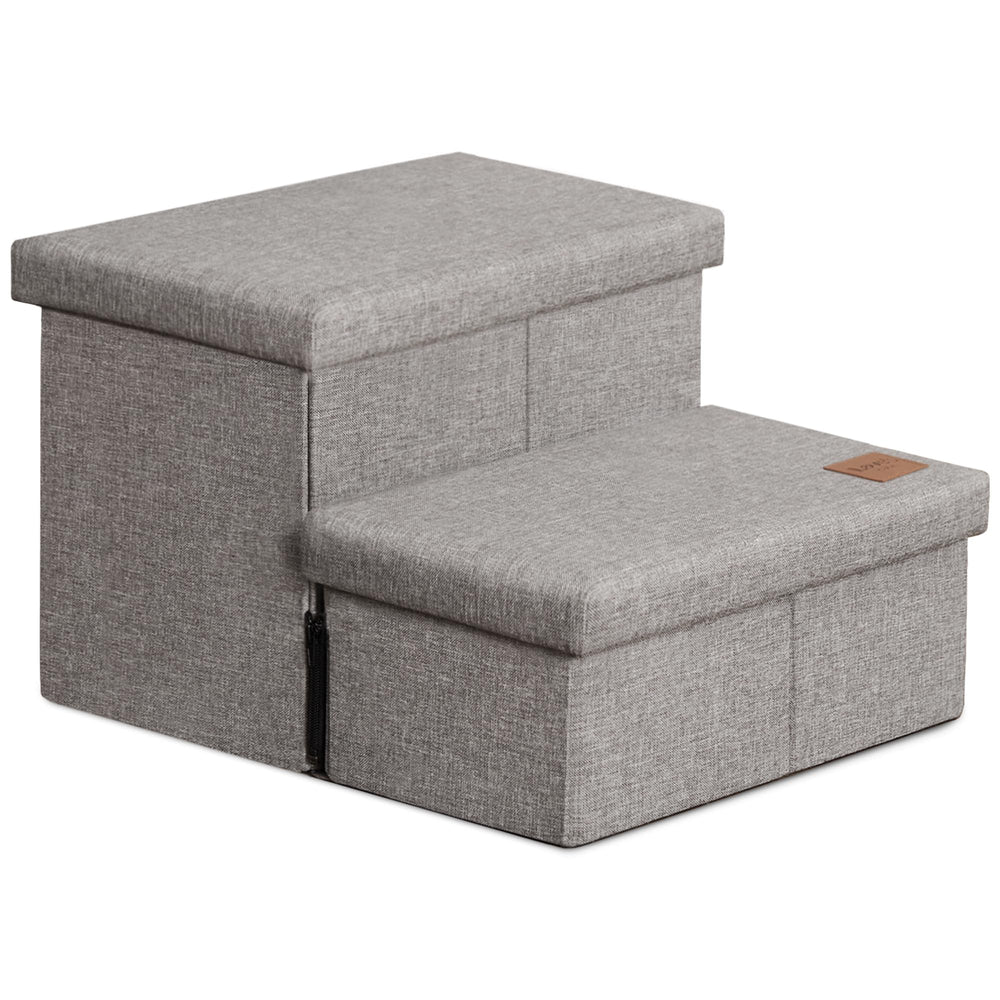 Love's cabin dog stairs with storage zip-closure keeps pet gear organized for easy access.