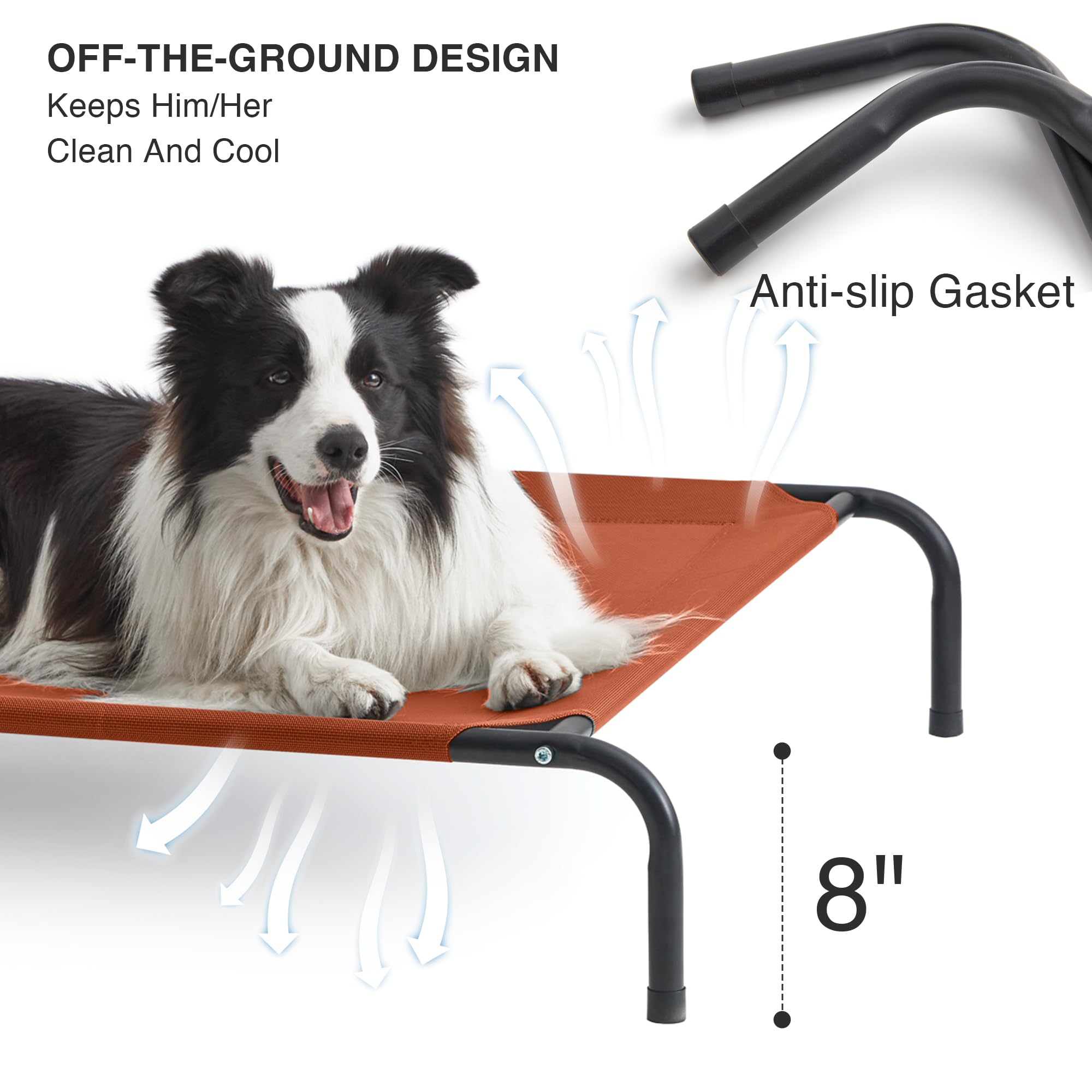 Love's cabin elevated cooling dog bed terracotta side view showing breathable mesh