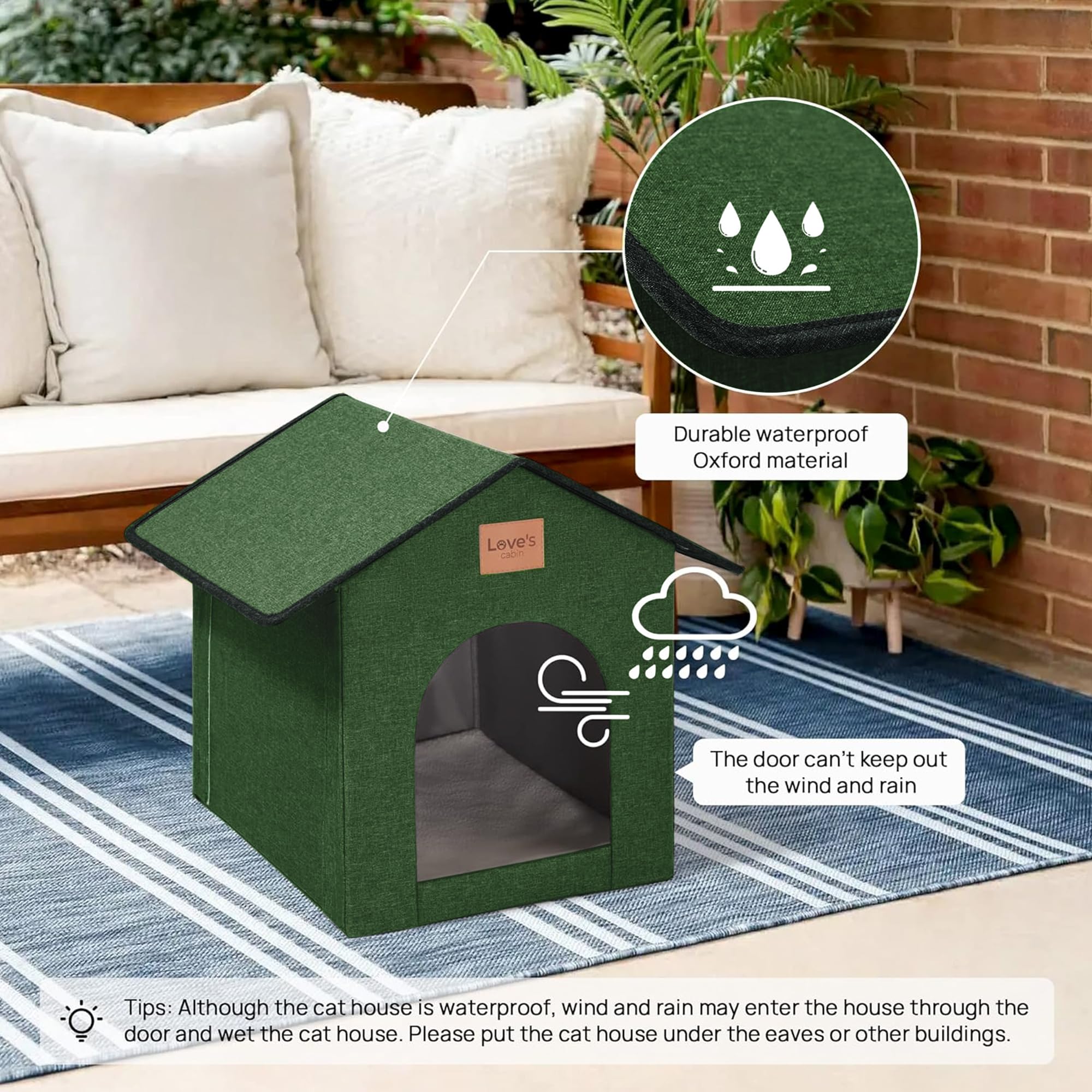 Love's cabin outdoor cat house green foldable design demonstrates tool-free assembly