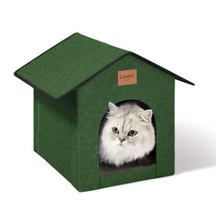 Love's cabin outdoor cat house green front view shows weatherproof shelter for winter warmth