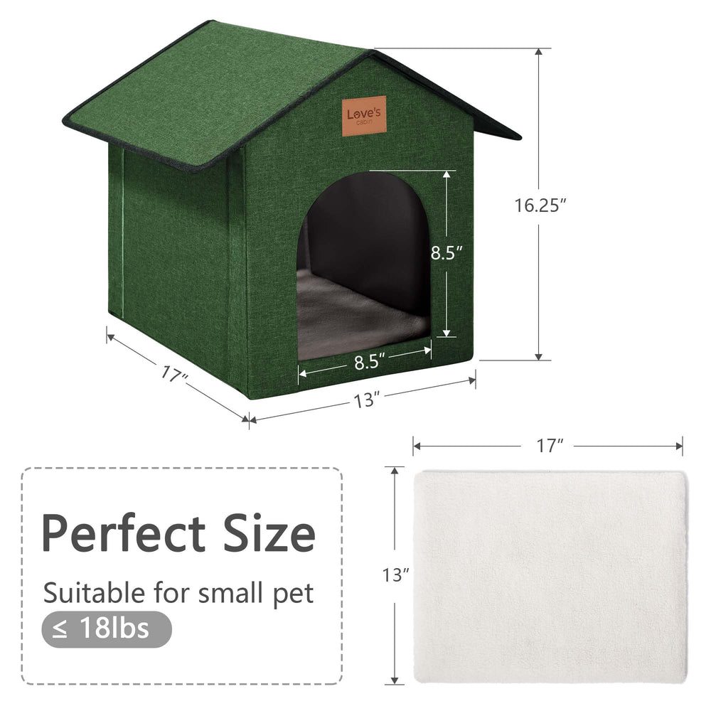 Love's cabin outdoor cat house green removable mat is easy to clean