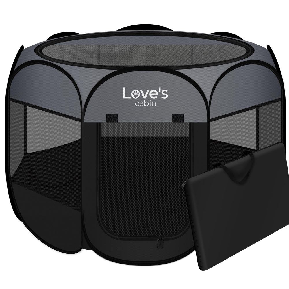 Love's cabin pet playpen shows circular eight-panel layout for versatile indoor and outdoor use.