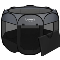Love's cabin pet playpen shows circular eight-panel layout for versatile indoor and outdoor use.