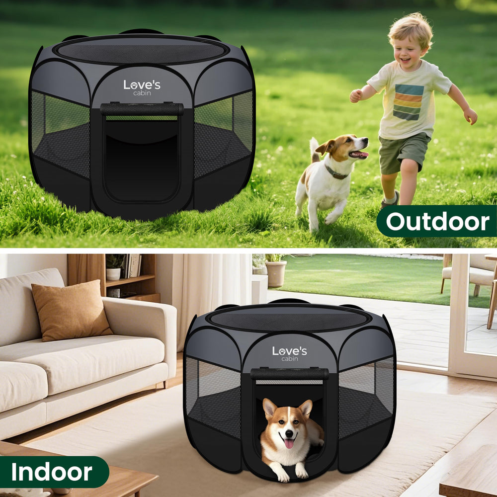 Love's cabin pet playpen offers small, medium, and large size options.