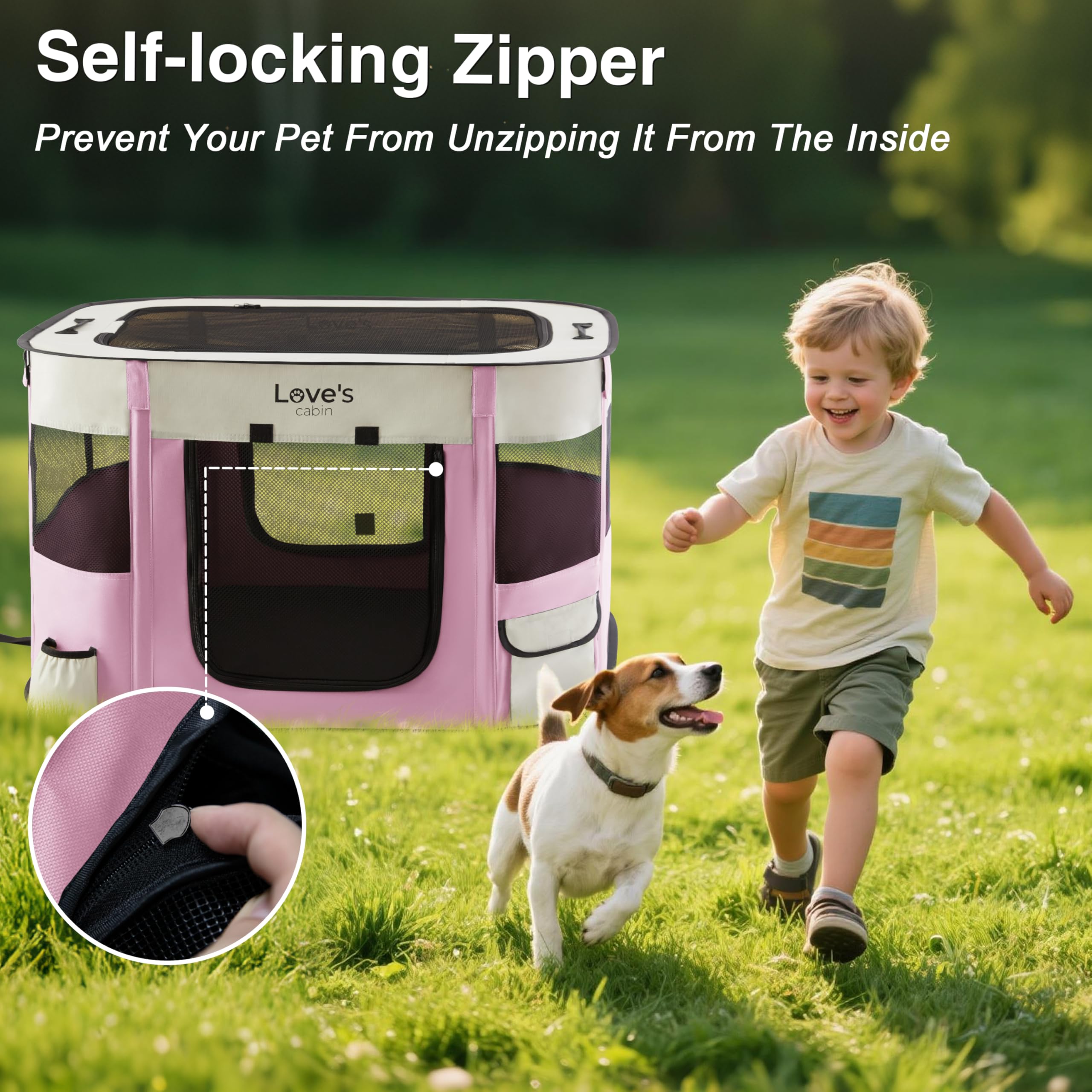 Love's cabin playpen zippered door for easy in out.
