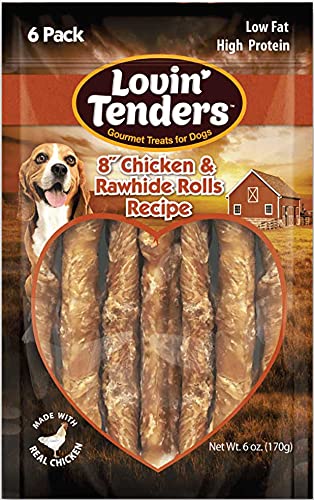 Golosinas Lovin' Tenders, rollos de pollo y rawhide, ideales para entrenamiento.