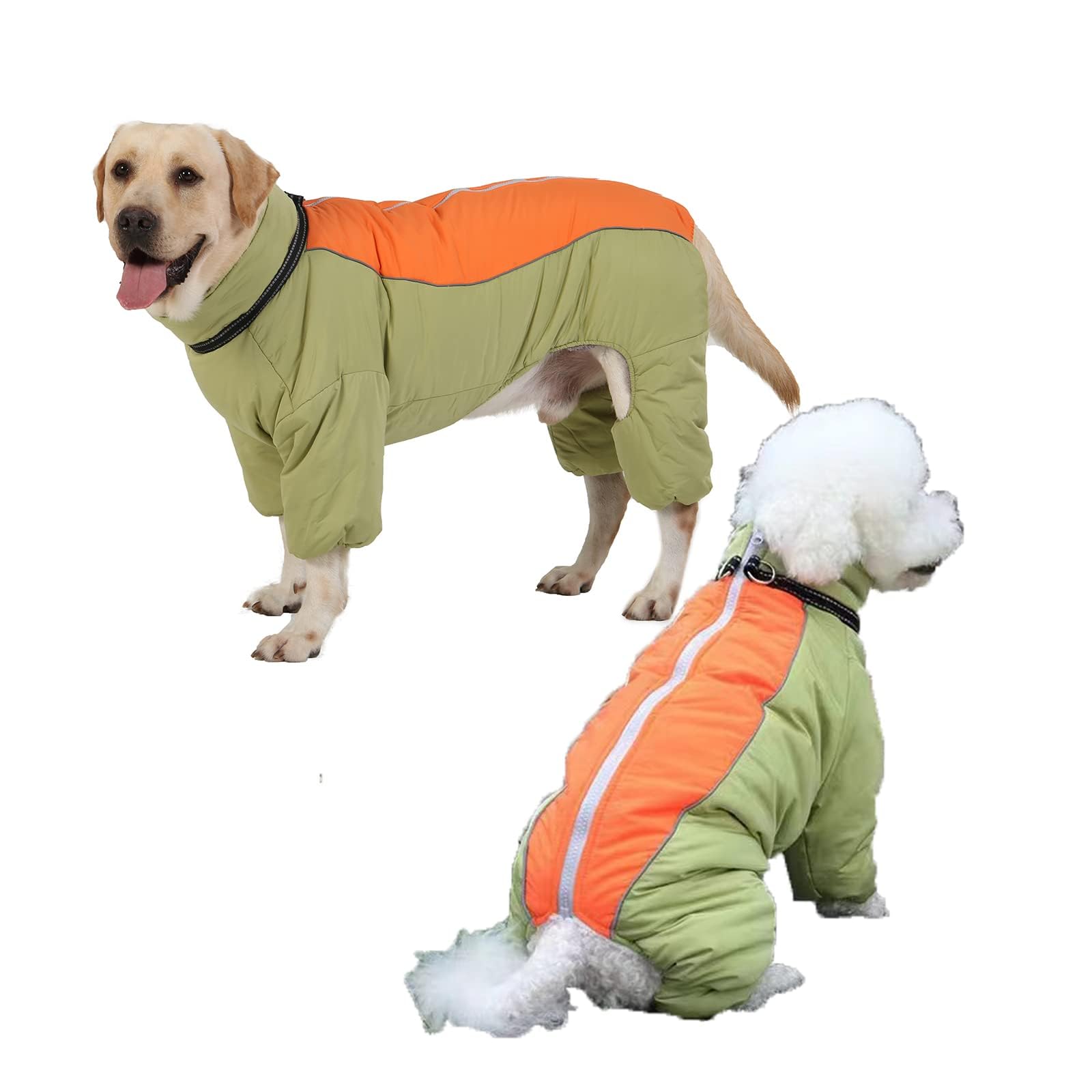 LOVINFURBABY dog walking in snow, lightgreen coat improves visibility.