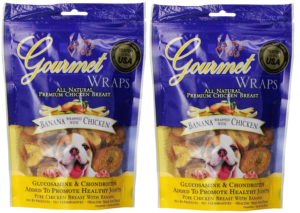 Loving Pets 2-pack banana-chicken wraps package front supports shared rewards during training.