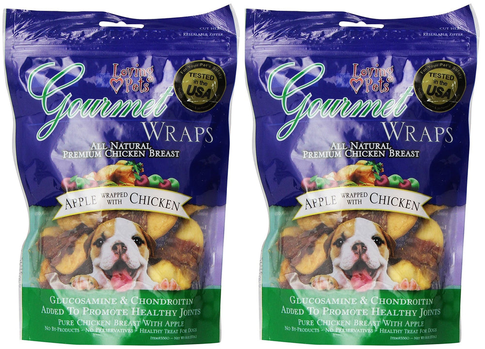 Loving Pets 2-pack apple-chicken wraps front packaging highlights all-natural ingredients for joint health support