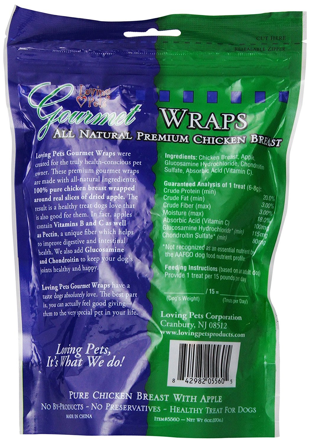 Loving Pets 2-pack apple-chicken wraps ingredients closeup shows real chicken and apple pieces for tasty chewy treat