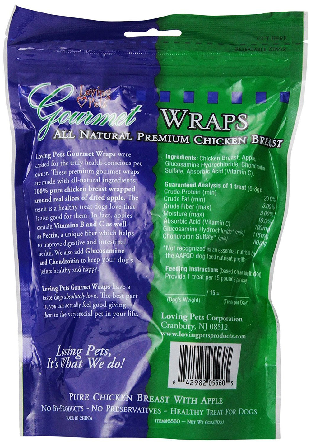 Loving Pets 2-pack apple-chicken wraps ingredients closeup shows real chicken and apple pieces for tasty chewy treat