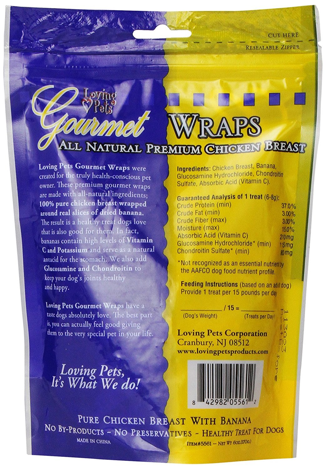 Loving Pets banana-chicken wrap closeup shows natural ingredients for enjoyable chew time.