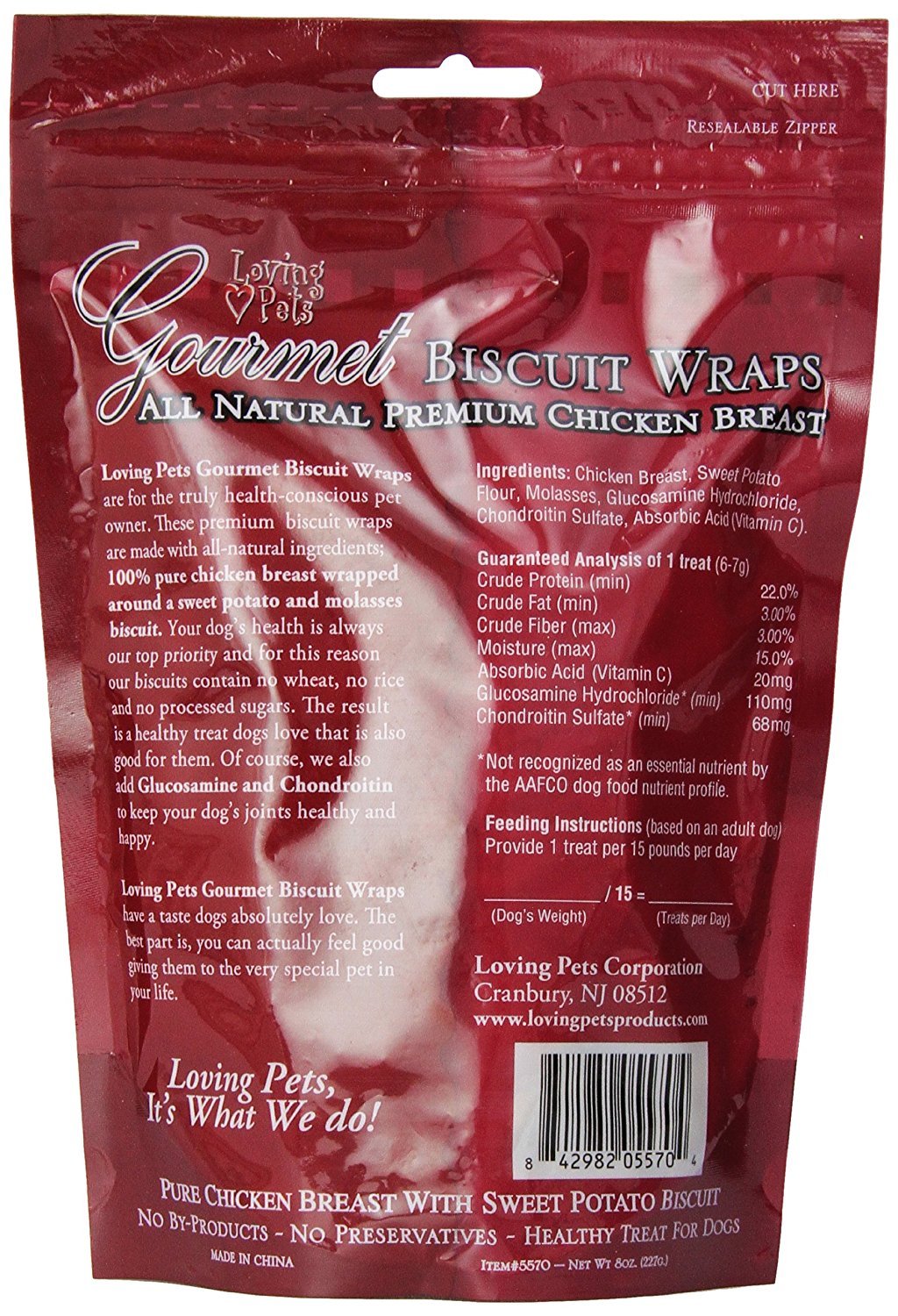 Loving Pets Chicken-Wrapped Treat closeup, showcasing real chicken and sweet potato.
