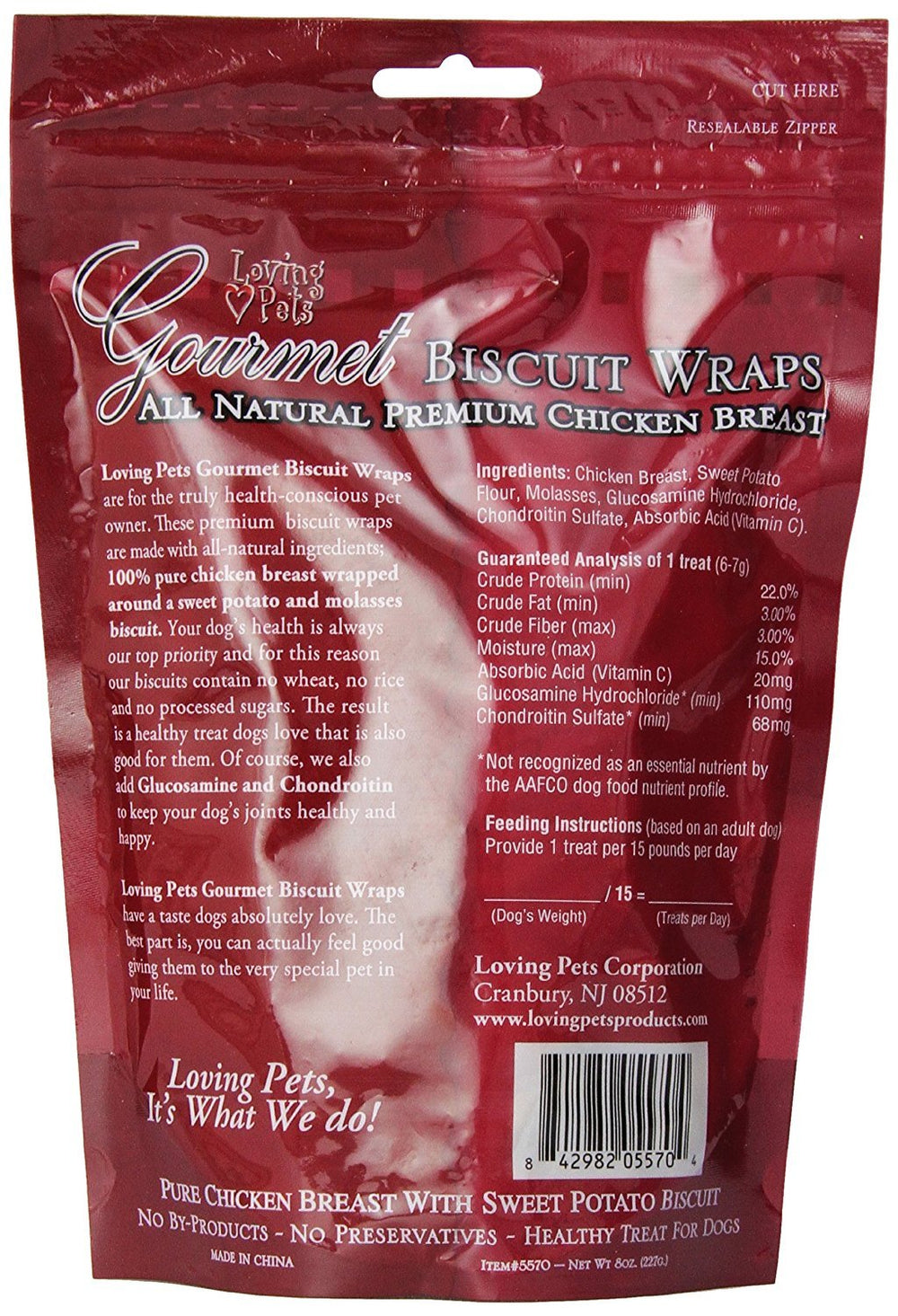 Loving Pets Chicken-Wrapped Treat closeup, showcasing real chicken and sweet potato.
