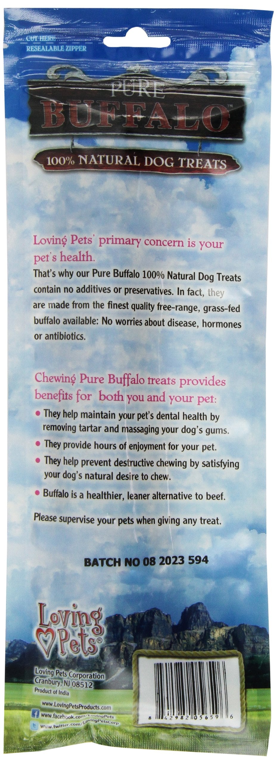 Loving Pets Pure Buffalo bully stick 12-inch pack closeup, supports dental health through chewing.