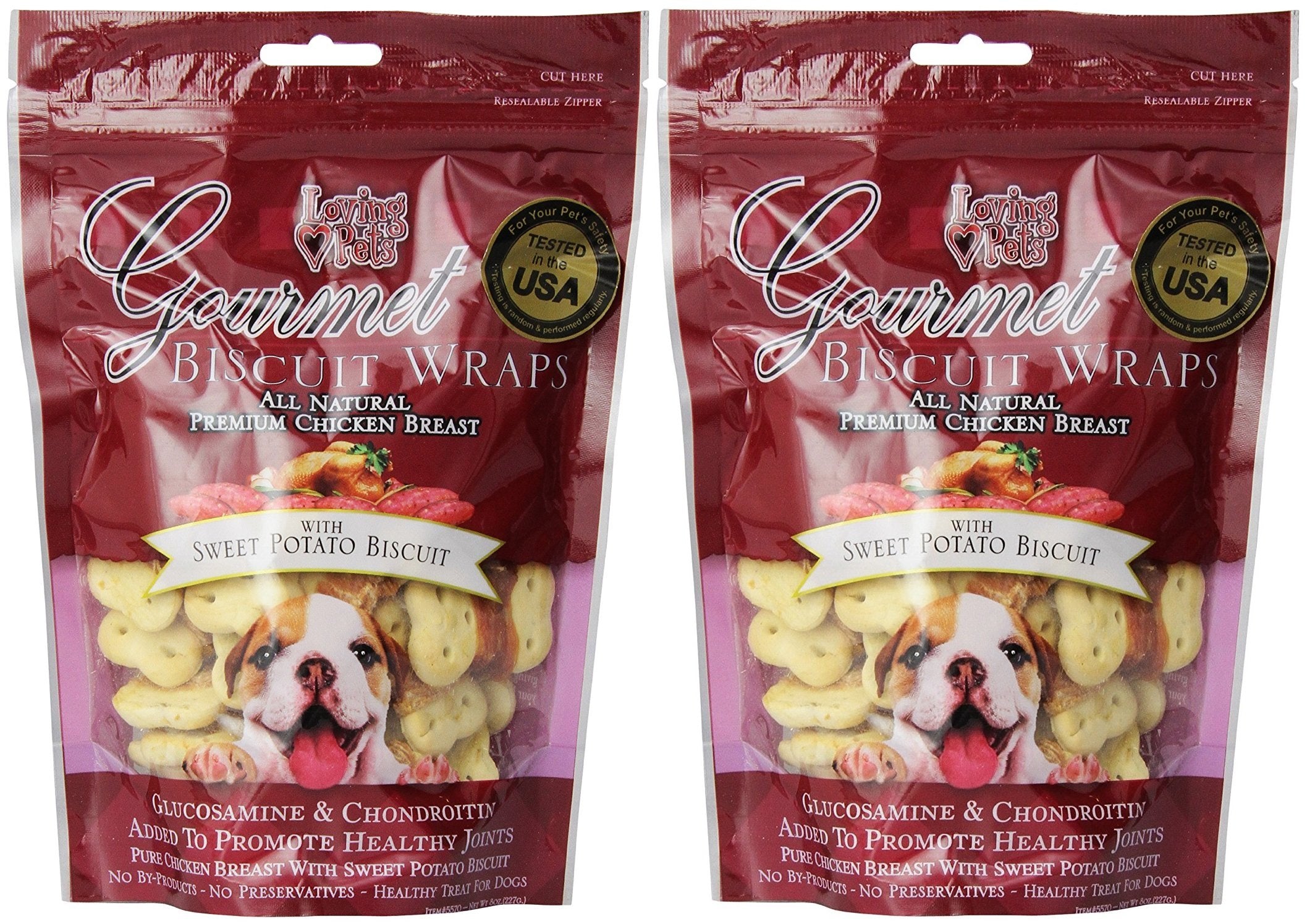 Loving Pets Sweet Potato Biscuit Wraps 2-pack on display, natural ingredients and premium flavor.