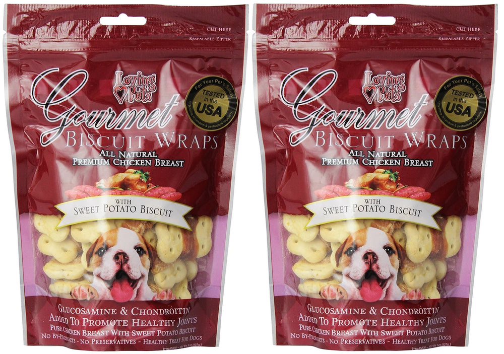 Loving Pets Sweet Potato Biscuit Wraps 2-pack on display, natural ingredients and premium flavor.