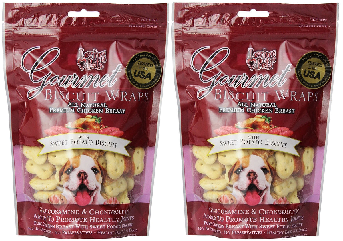 Loving Pets Sweet Potato Biscuit Wraps 2-pack on display, natural ingredients and premium flavor.