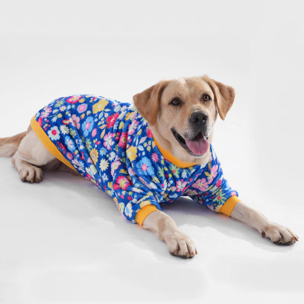LovinPet Big Dog Fleece Pajamas double sided blue pattern shows dual warmth