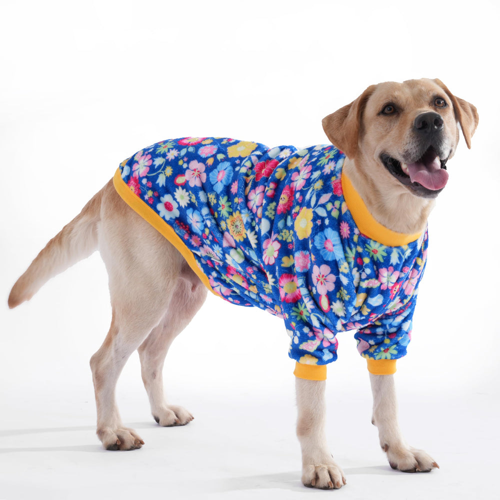 LovinPet Big Dog Fleece Pajamas front view in blue keeps large dogs warm and comfy