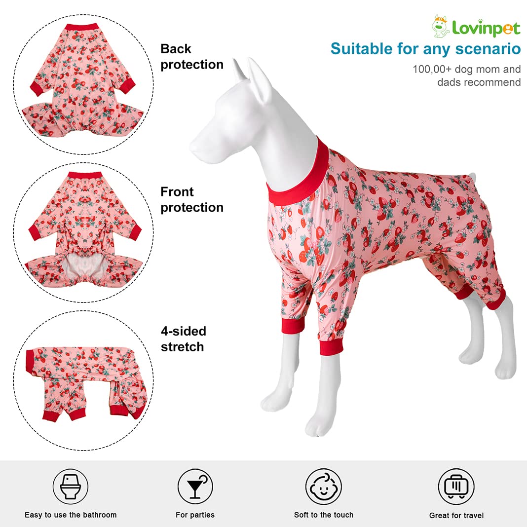 LovinPet Big Dog Pajamas Pitbull pink rear-view shows knee coverage for recovery comfort.