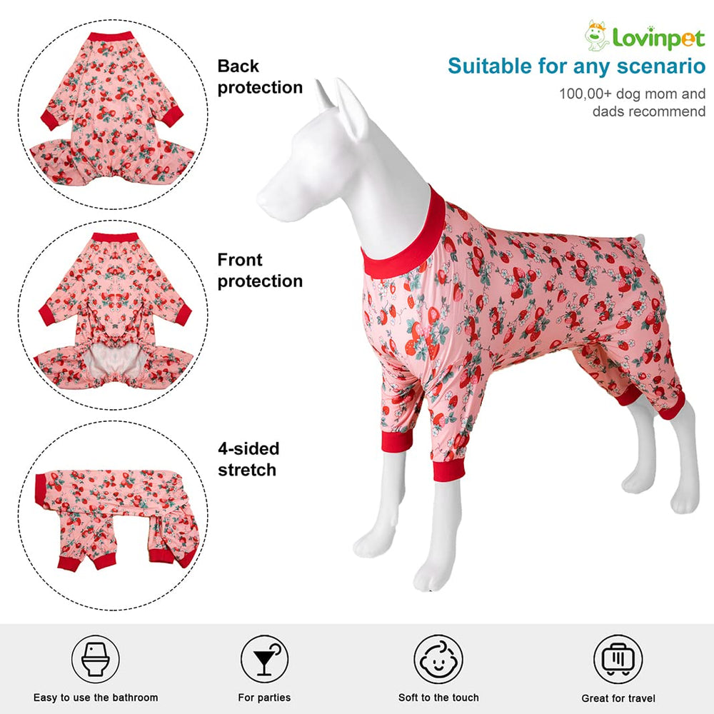 LovinPet Big Dog Pajamas Pitbull pink rear-view shows knee coverage for recovery comfort.