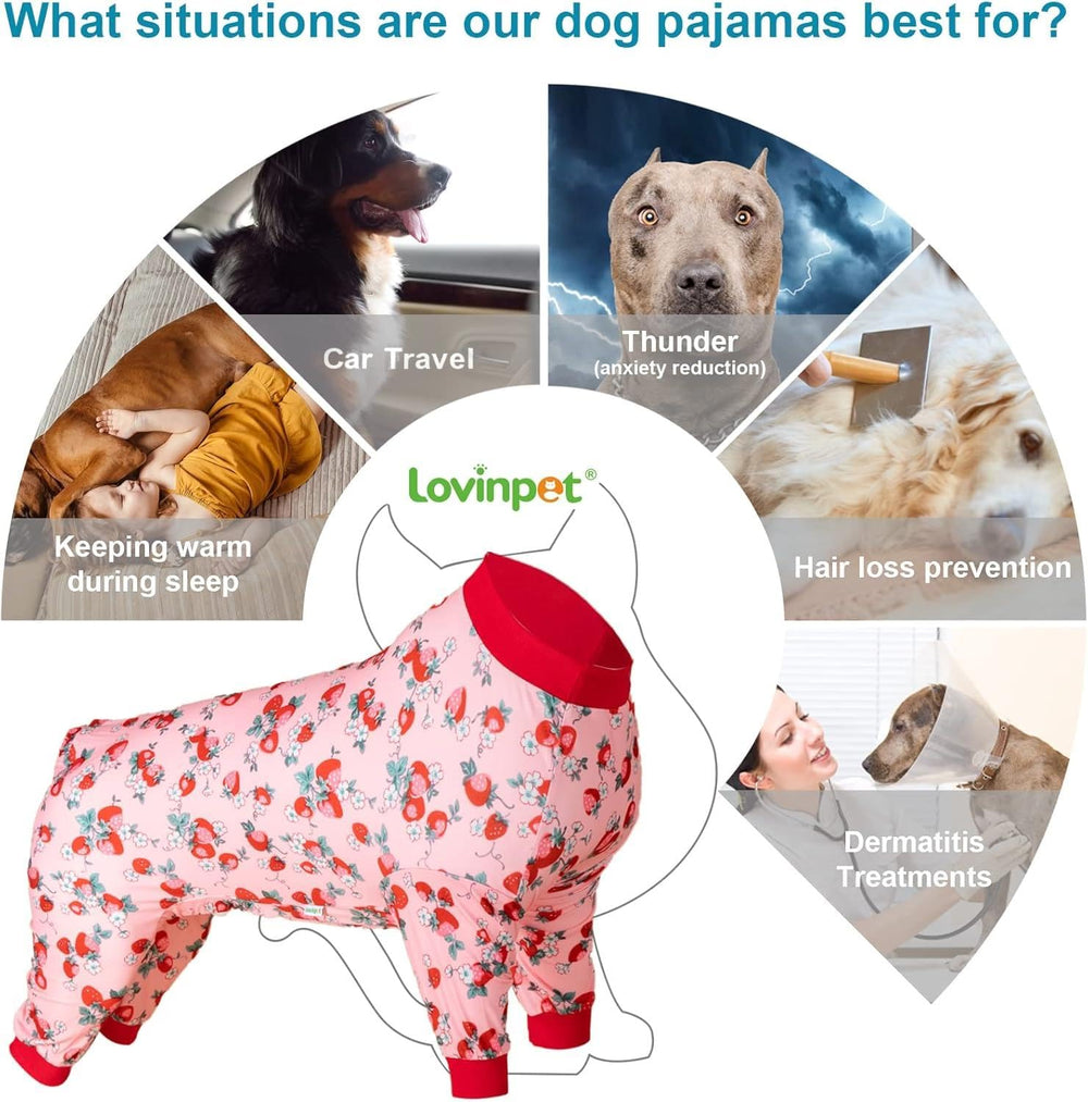 LovinPet Big Dog Pajamas Pitbull strawberry-print close-up shows stylish design.