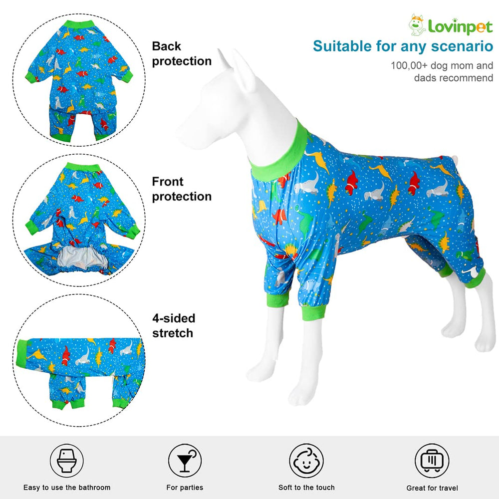 LovinPet blue dinosaur print onesie closeup showing stylish design and coverage.